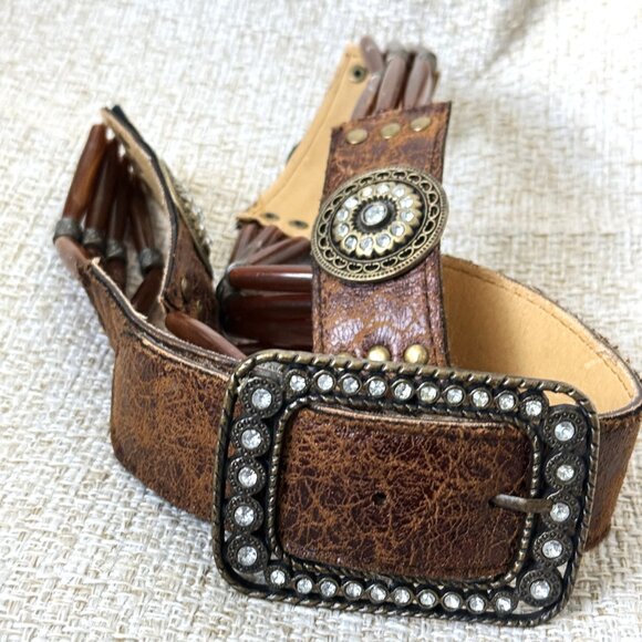 Women's Brown Belt Vintage Handmade Western Style Leather Metal Crystal Buckle M - Picture 3 of 14